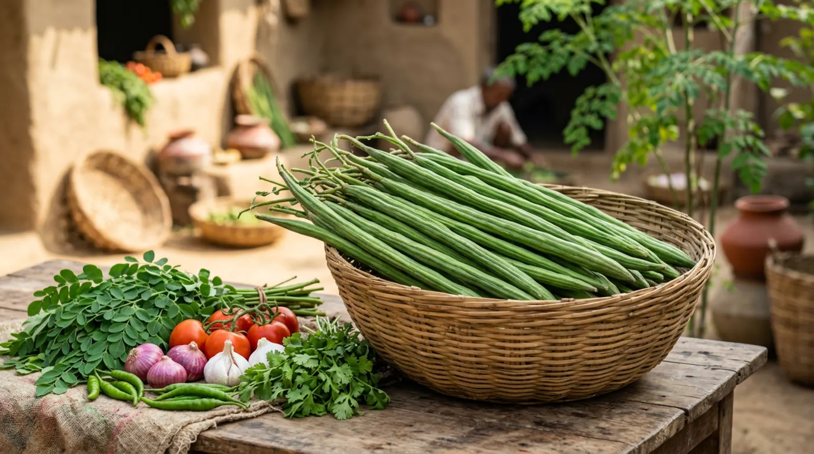Fresh green moringa drumsticks (pods) in harvest crate at farm, morning light