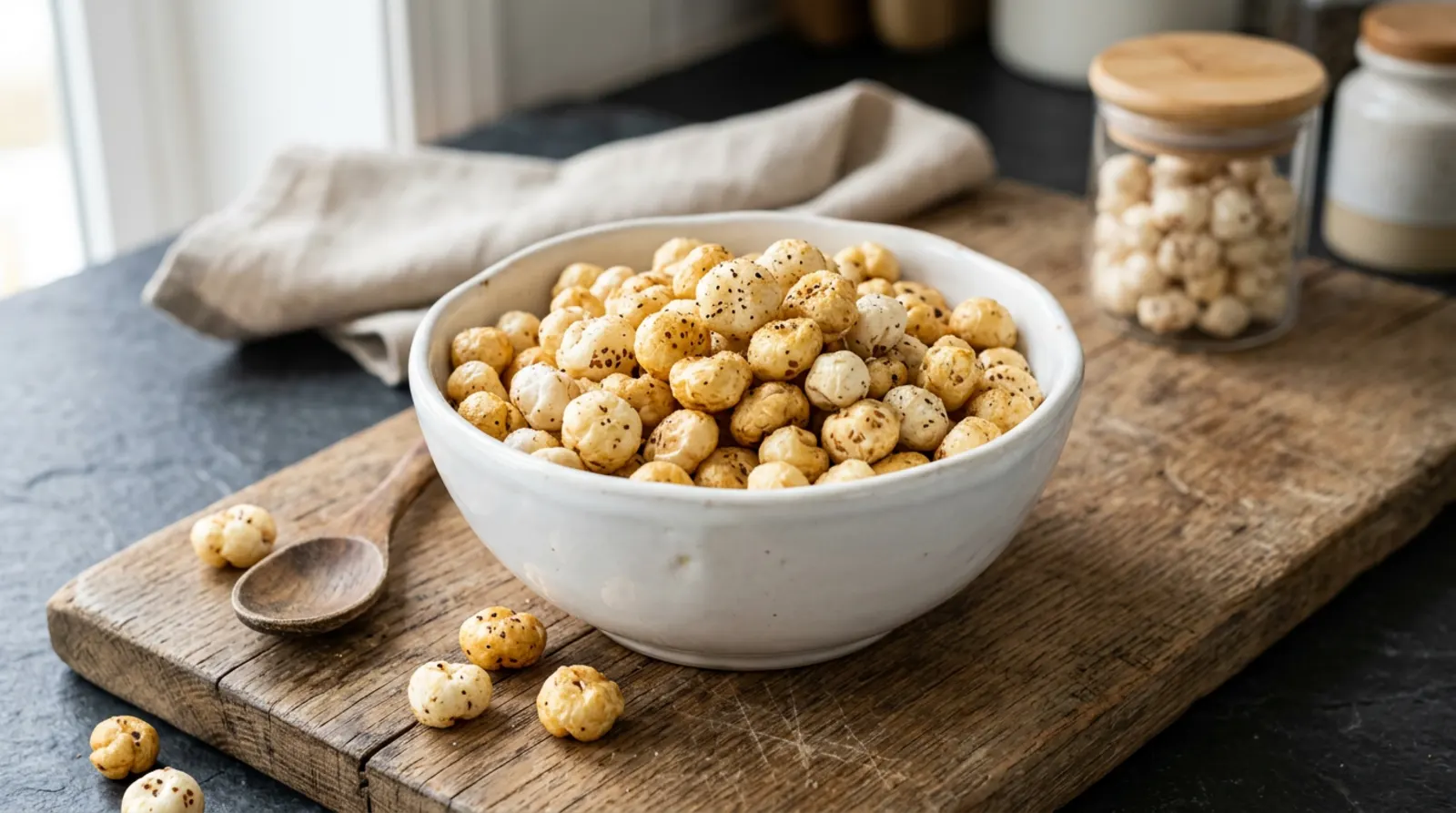 Premium roasted makhana (fox nuts) in bulk packaging, food-grade facility